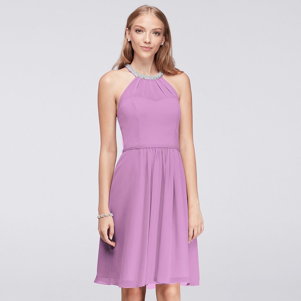 David’s Bridal light purple short chiffon dress with beaded neckline, size 14
